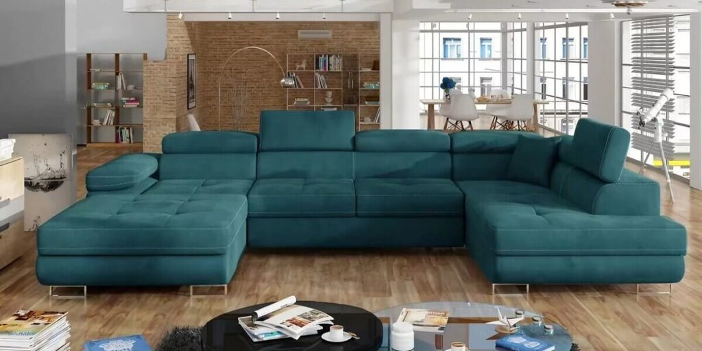 sofá azul con forma de u