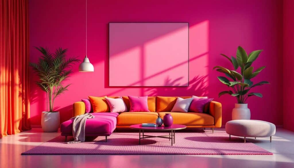 sala con sofa fucsia y decoracion colorida en un entorno moderno y luminoso