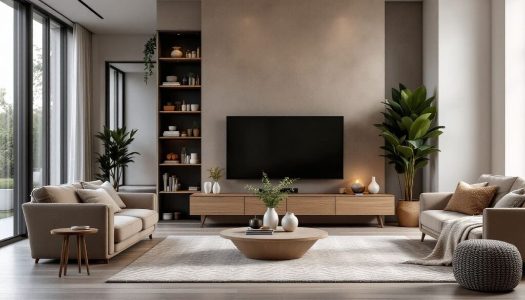 sala con sofas modernos television y decoracion minimalista en tonos neutros