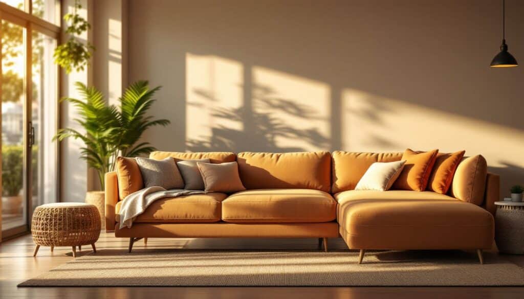 sofa color marron luz natural salon minimalista