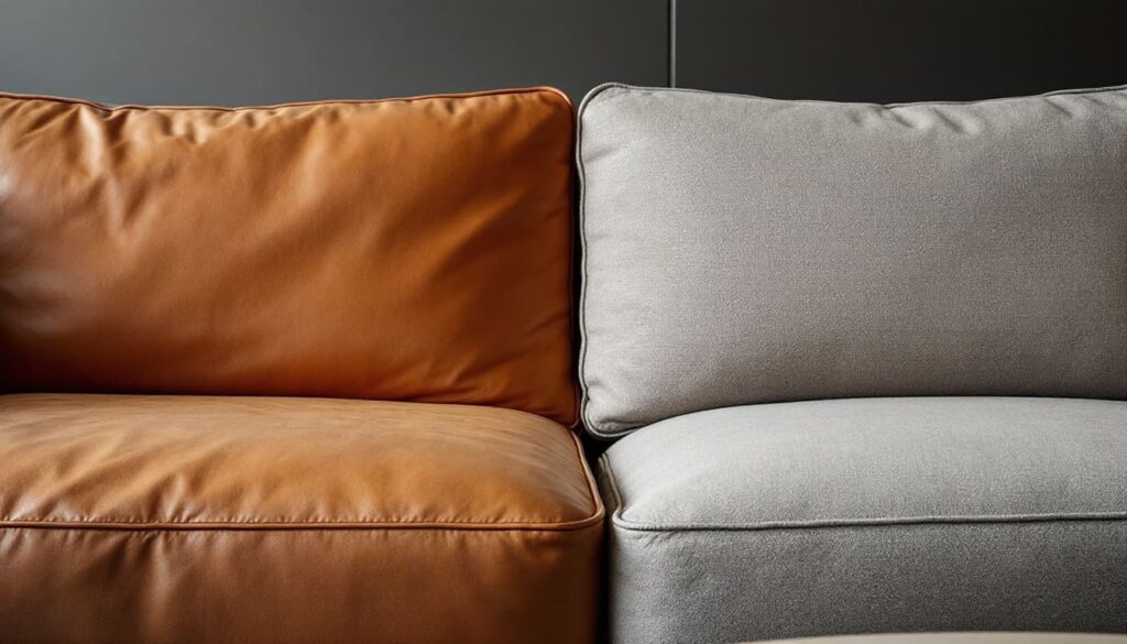 detalle de parte delantera de sofa combinado cuero marron y tela gris en ambiente interior