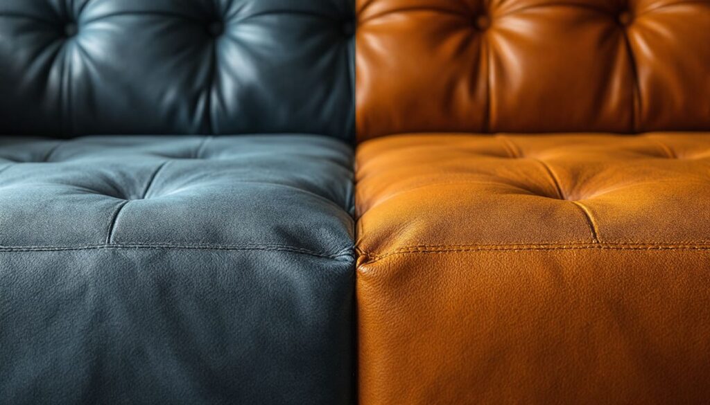 detalle de sofa de cuero azul y marron con textura y costuras en primer plano