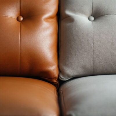 detalle de sofa de cuero marron y tela gris claro con botonaduras y costuras visibles