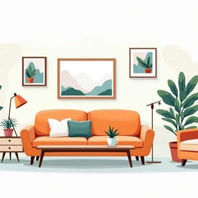 A cozy living room scene featuring well-maintained furniture surrounded by plants and decorative items
