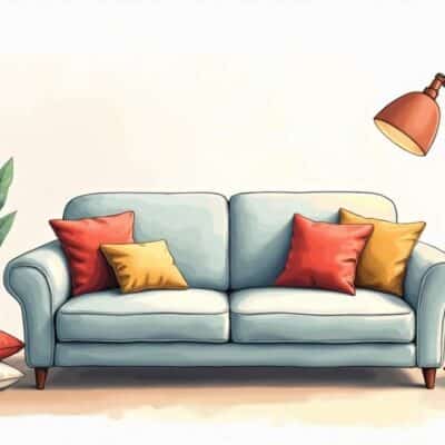 A cozy living room scene featuring a plush sofa surrounded by various materials like soft fabrics