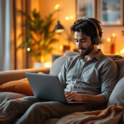 A photograph of a cozy living room scene featuring a person sitting comfortably on a sofa