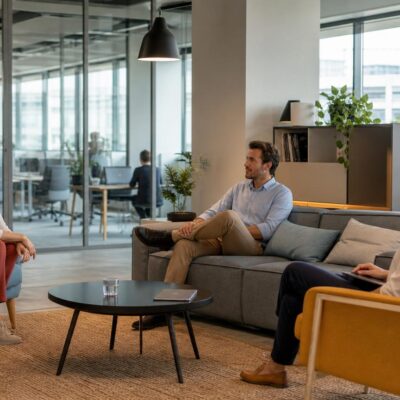 Colleagues meeting in a modern office lounge with a grey sofa, blue armchair, and yellow armchair around a black coffee table.