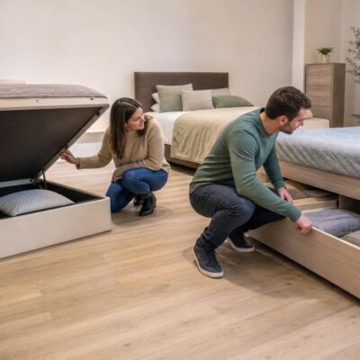 Couple in a furniture showroom examining a lift-up storage bed and a wooden bed frame with large pull-out drawers.